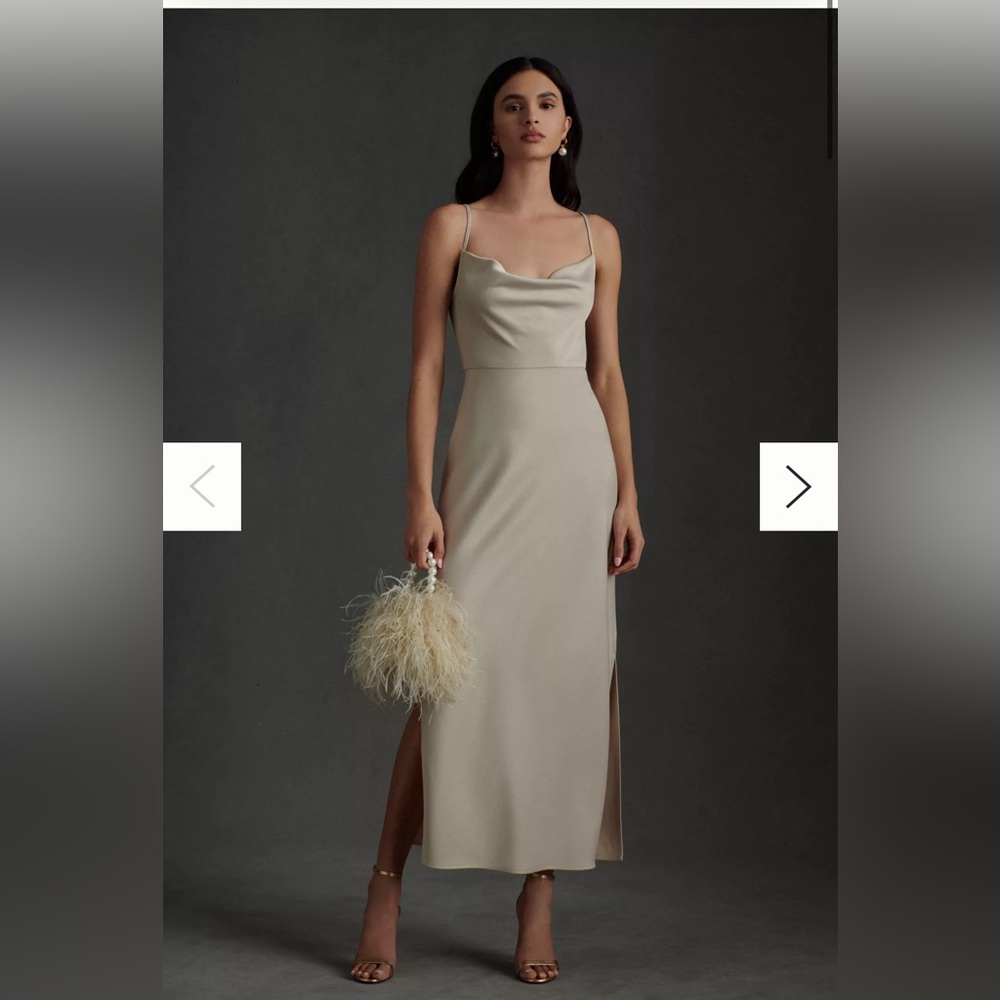 BHLDN Cali Satin Cowl-Neck Midi Slip Dress Champagne
